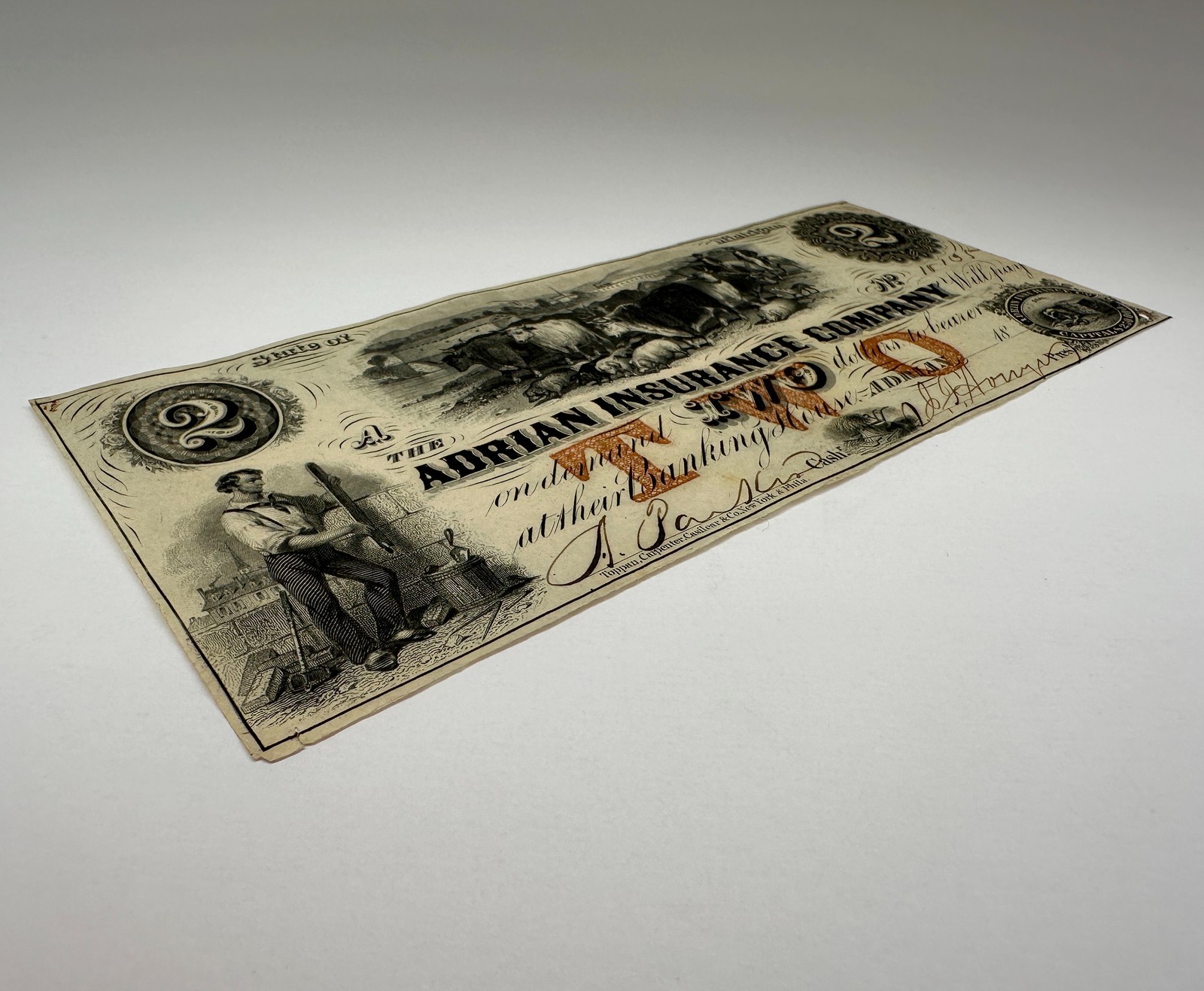 1853 $2 Adrian Insurance Company Michigan Obsolete Bank Note Two Dollars Bill MI