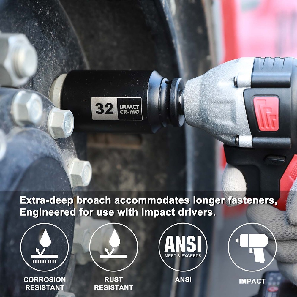 1/2" Drive Deep Spindle Axle Nut Impact Socket Set 6 Point CR-MO Metric