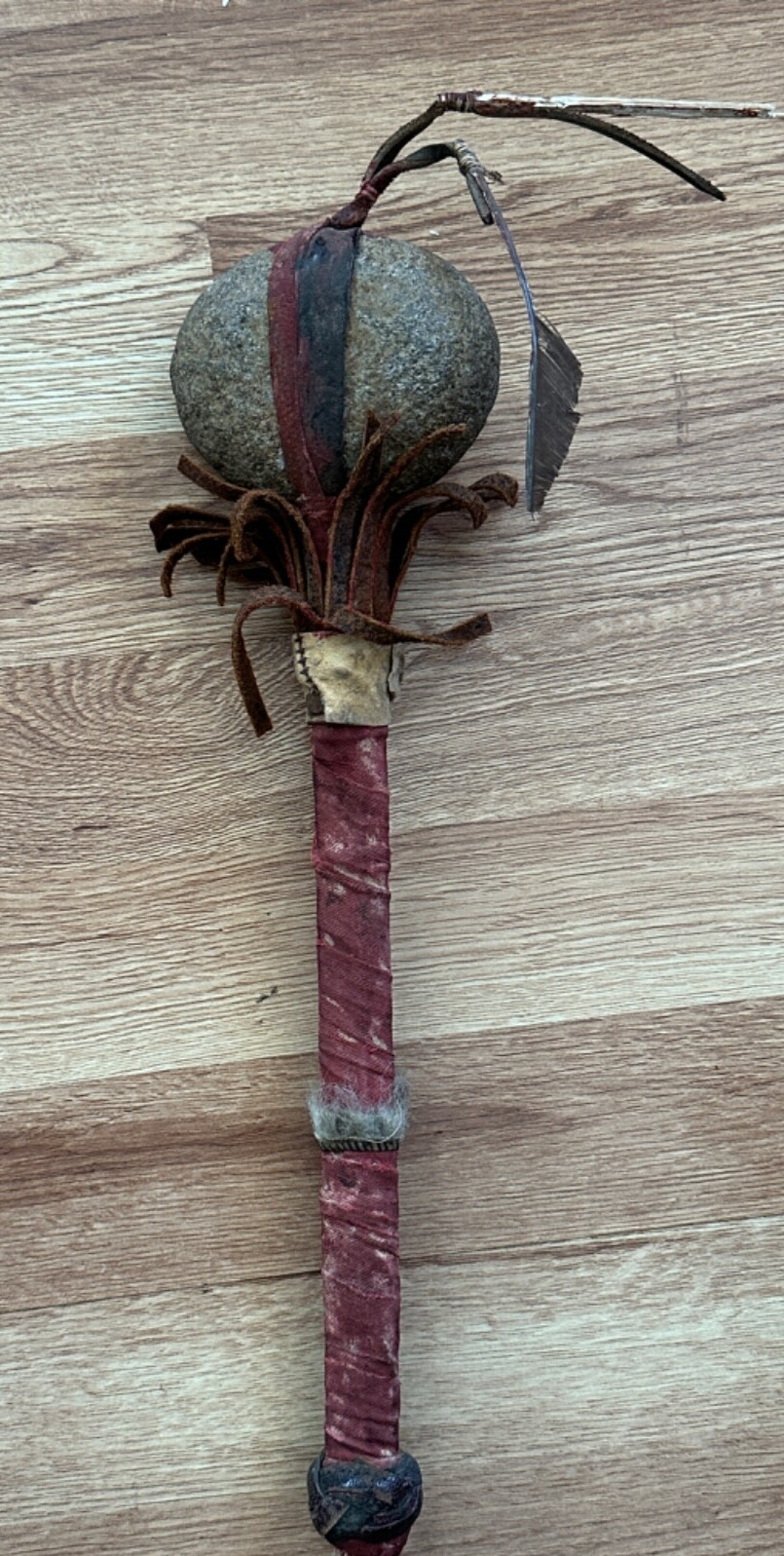Antique Native American skull cracker weapon tomahawk rawhide painted stone club
