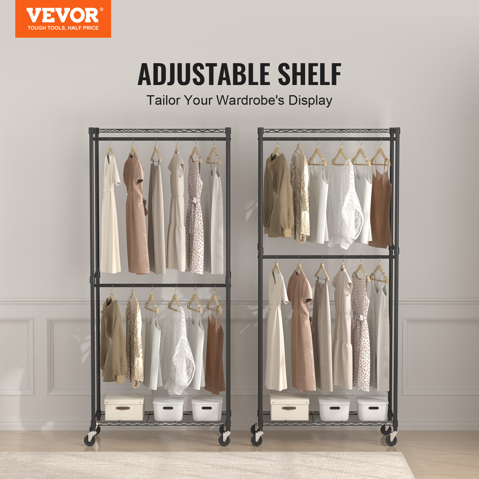 VEVOR Clothes Rack Heavy Duty Clothing Garment Rack Double Hanging Rods 300 lbs
