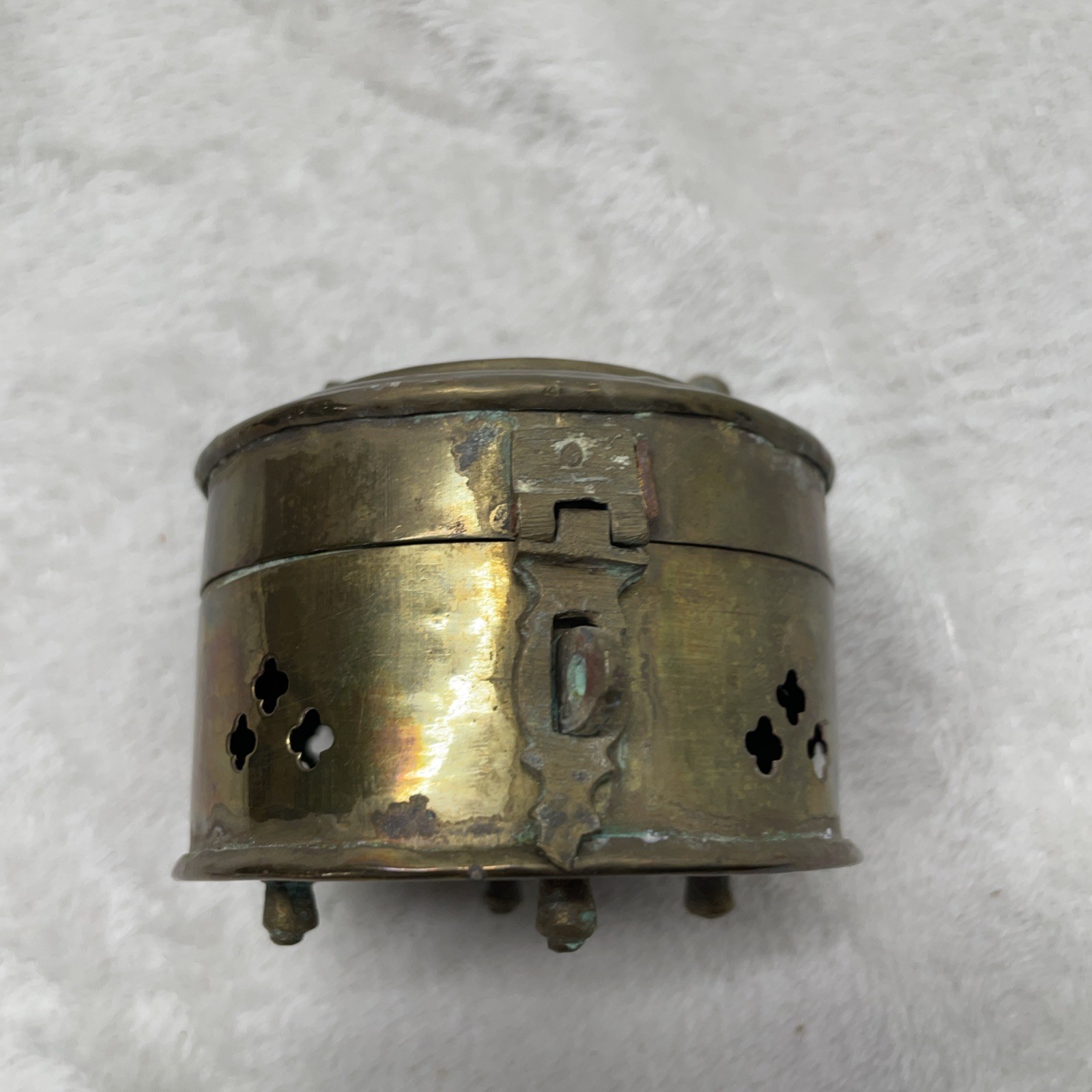 Vintage Brass Cricket Box Patina Footed Pierced Hinged Lid Handle Trinket Asian