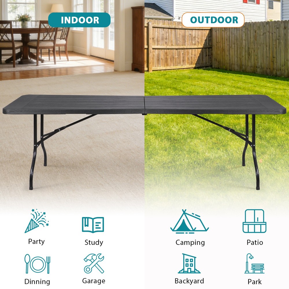 8FT Portable Folding Table Fold-in-Half Plastic Table for Dining Picnic Black