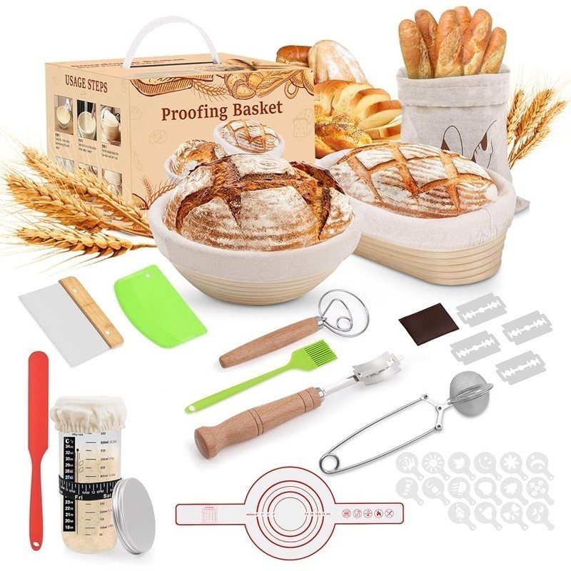 Complete Sourdough Starter Kit Bread Baking Supplies Proofing Baskets Tools Set