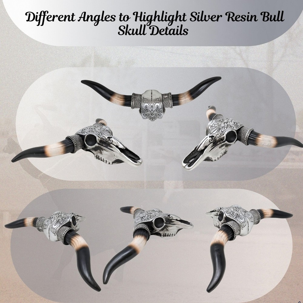 Tooled Silver Resin Bull Skull Wall Decor with Scrolls Design