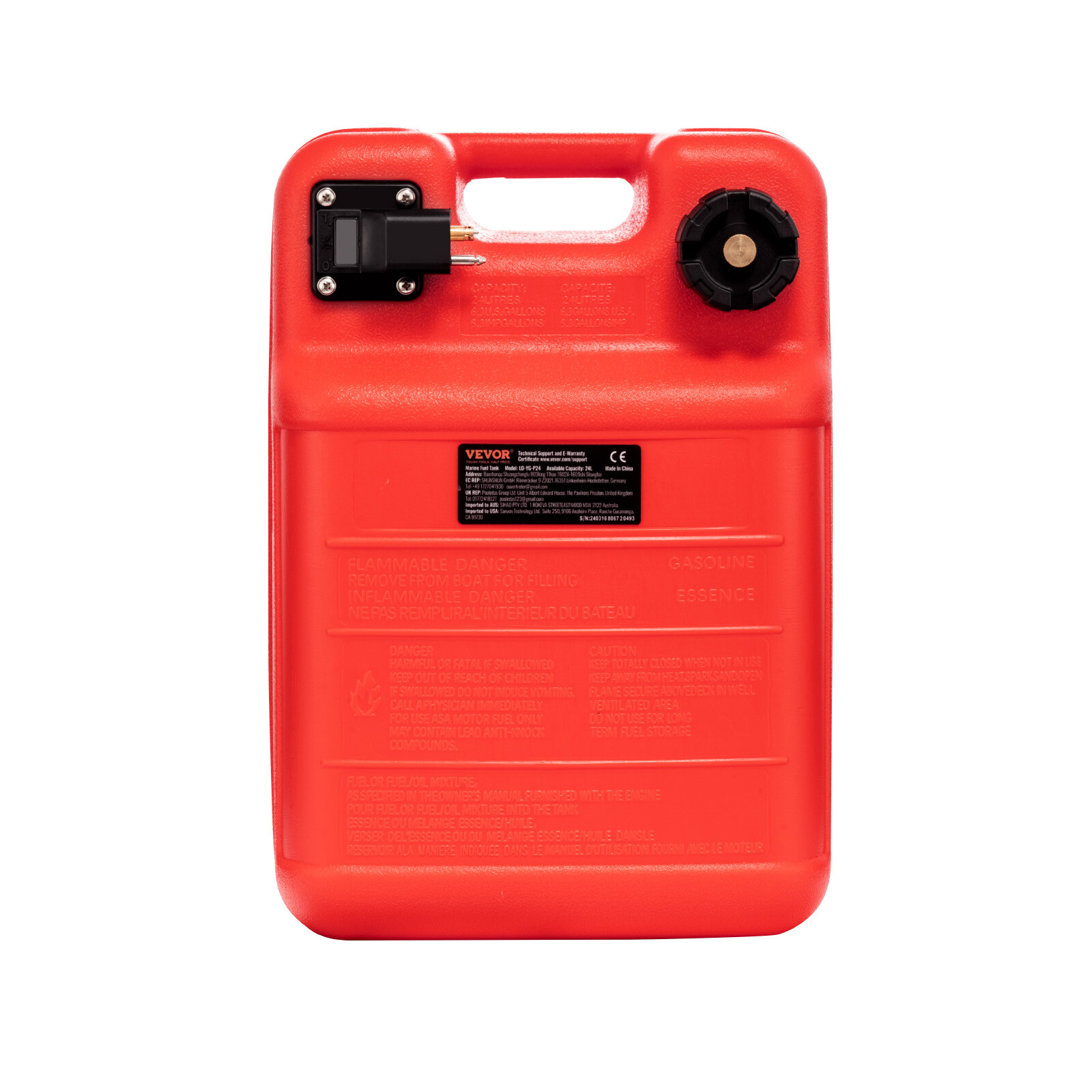 VEVOR Boat Fuel Tank Portable Marine Outboard Gas Tank 6.34 Gallon/24L with Hose