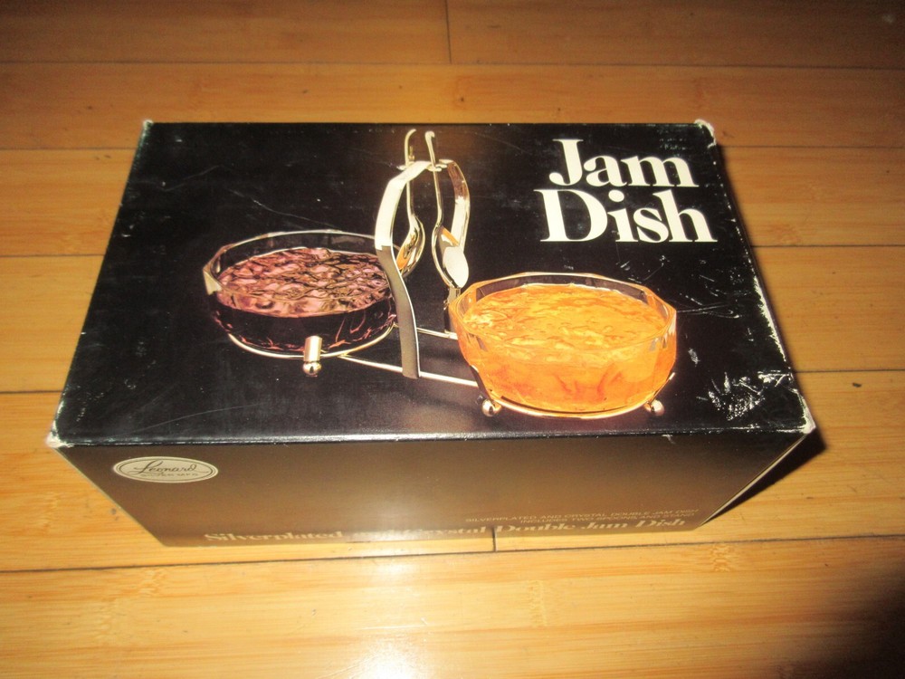 Vintage Leonard Silver MFG Silverplated & Crystal double jam dish w/ spoons #890