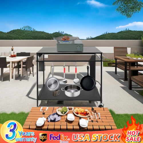 Kitchen BBQ Food Prep Work Cart Table Stand Mobile Storage Rack Grid Panel 2Tier