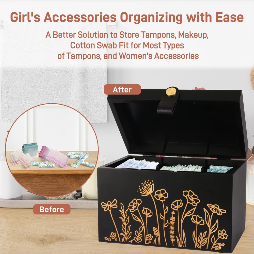 100% Solid Wood Tampon Holder with Lid, Copper Leather Pull, Absolute Real Wo...