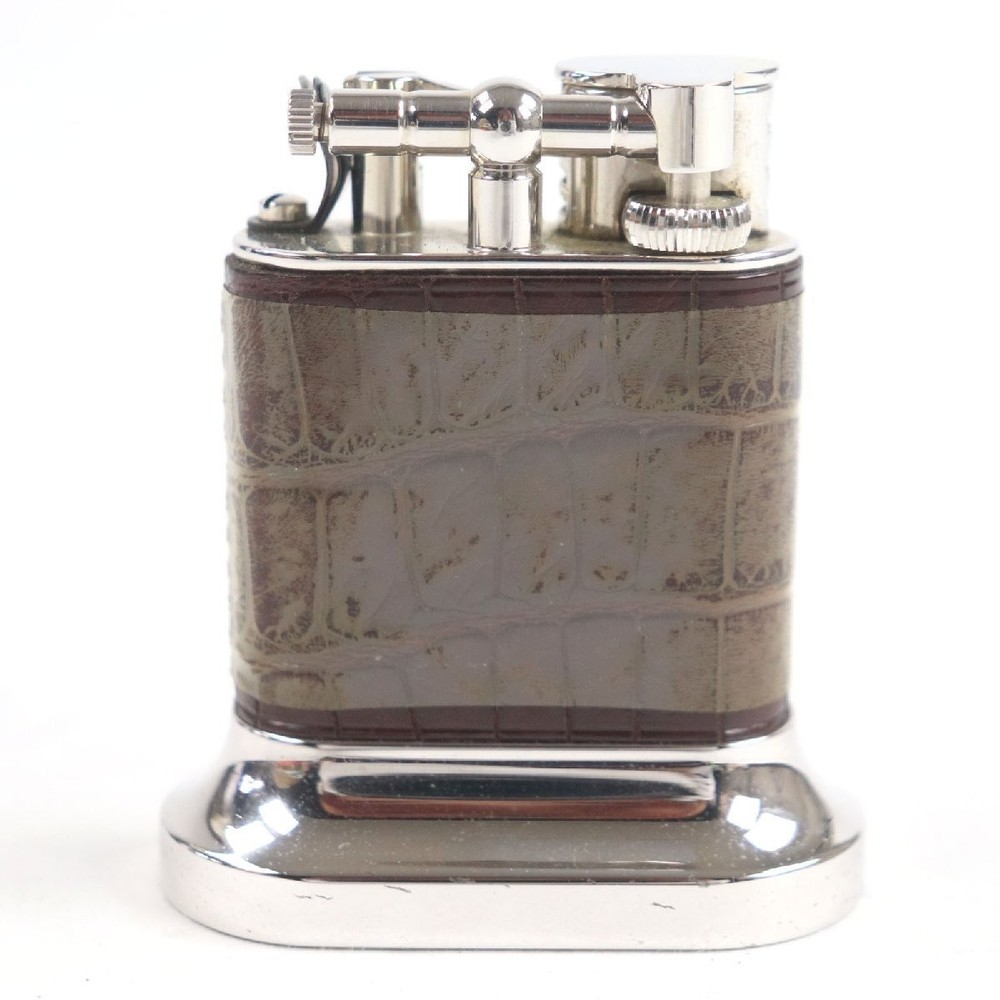 Working Dunhill Tabletop oil lighter brown silver Crocodile Unique without box