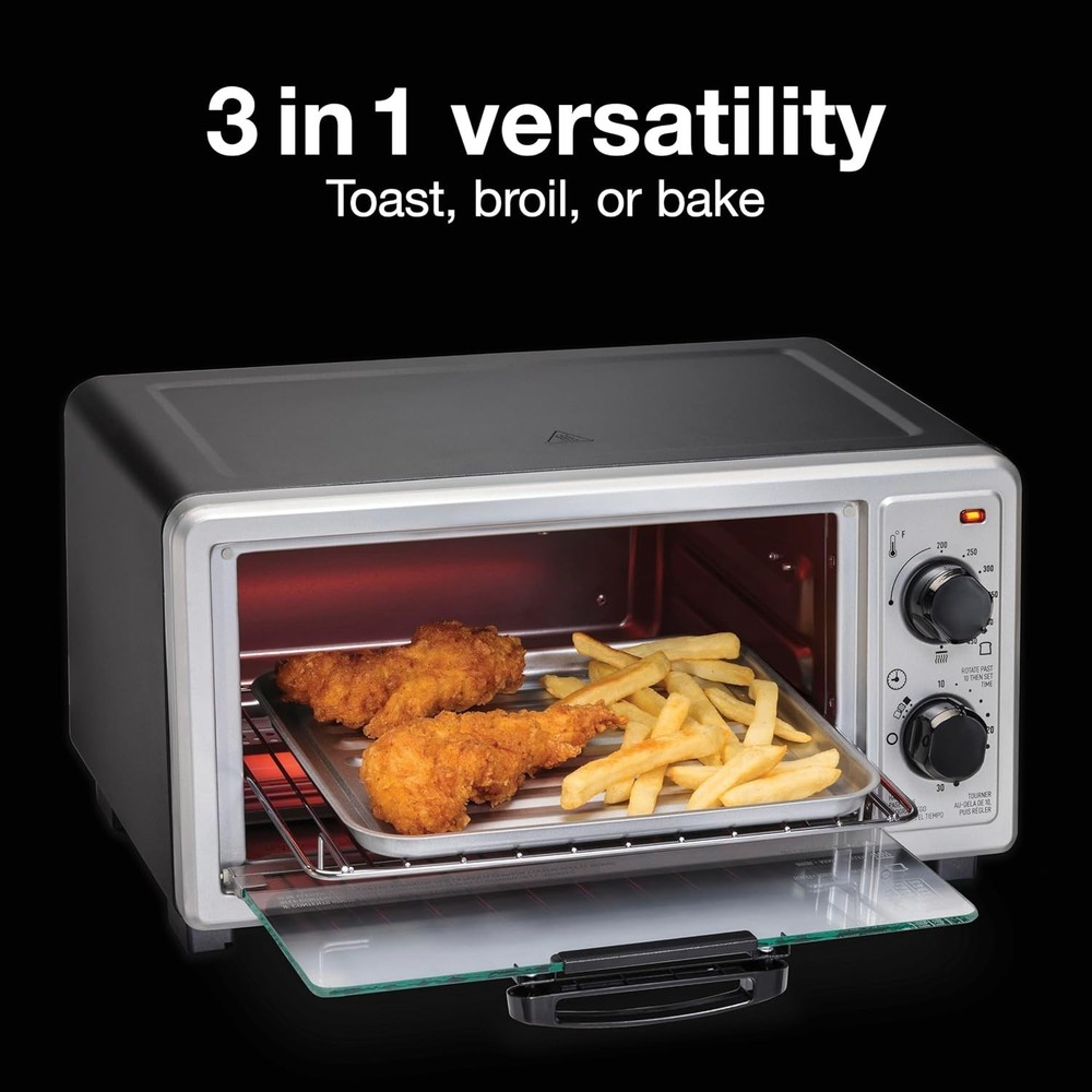4 Slice Multi-Function Toaster Oven with Timer & Auto Shut-Off - Black & Silver