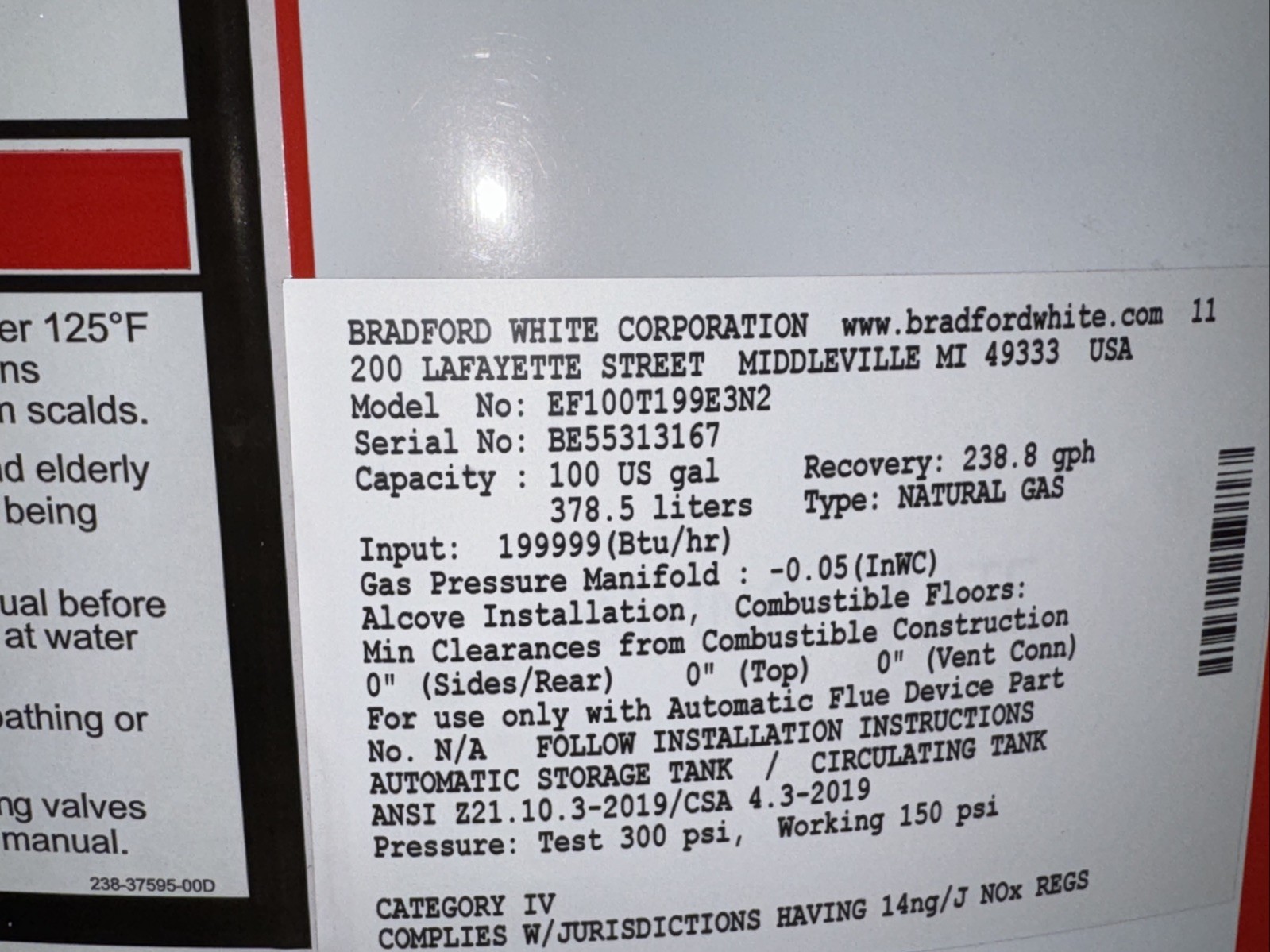 Bradford White 100 Gallon Gas Water Heater 199,999 BTU