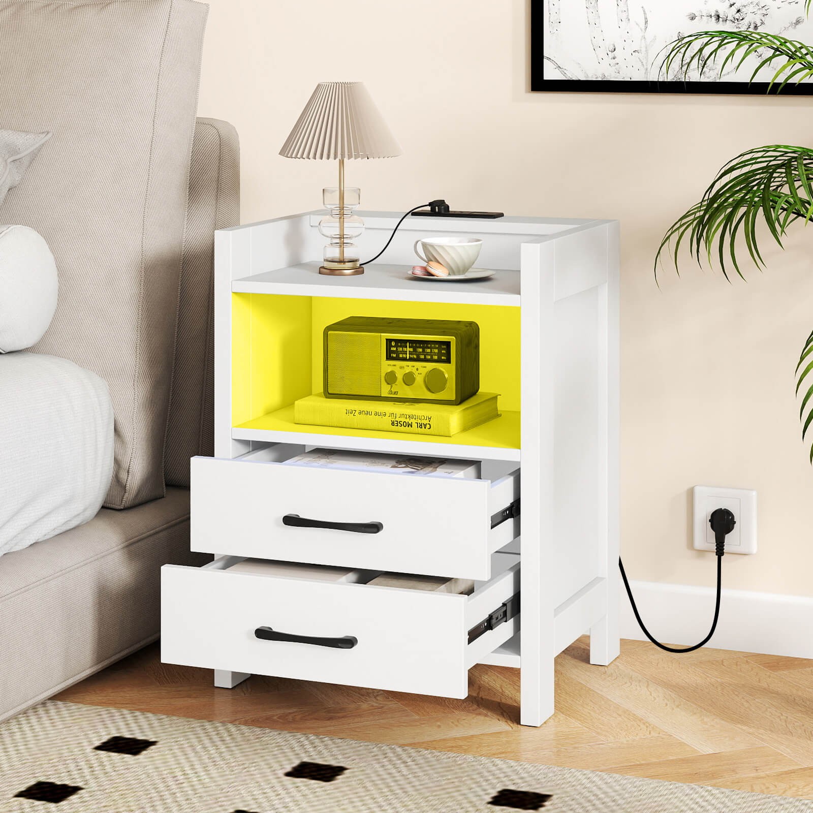 23.5” Nightstand w/LED Lights & Charging Station, USB Port & Outlets for Bedroom