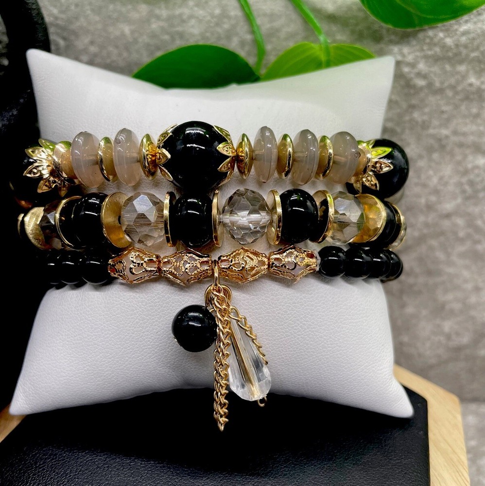 3 PC Handmade Boho  Beaded Stackable 7” Plus Stretch Bracelet Set New B1350