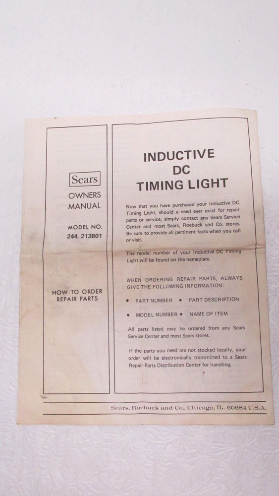 Sears Inductive DC Timing Light Model 244.213801 - INSTRUCTIONS ONLY