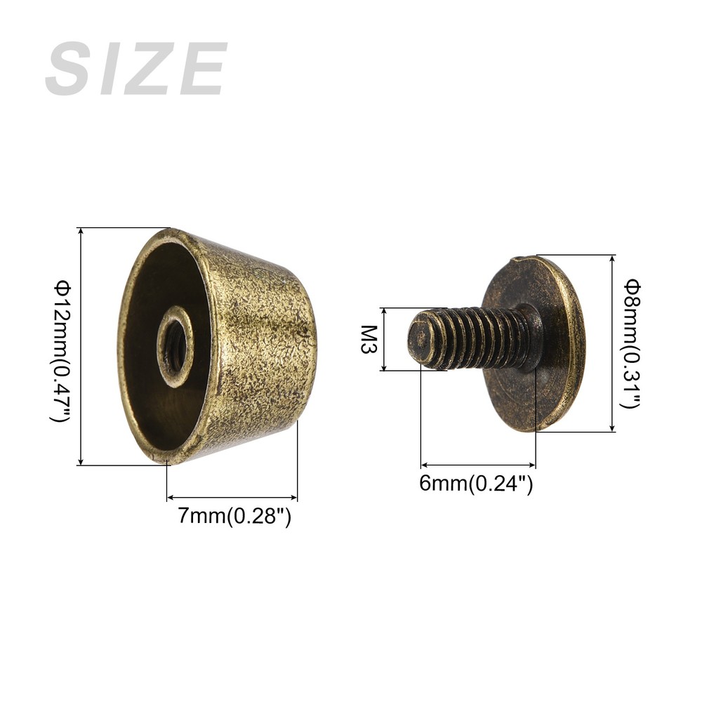Screw Back Stud Spike (12x7mm) 10pcs, Flat Head Stud Rivets Bronze Tone