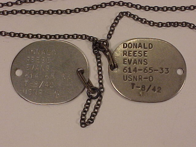 ORIG'L & VG+ Dog Tags of Donald Reese Evans (USMCR) Vet of WWII On Period Chain