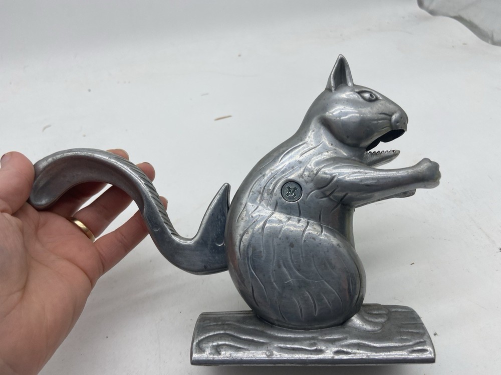 Vintage Aluminum Metal Squirrel on Log Nutcracker
