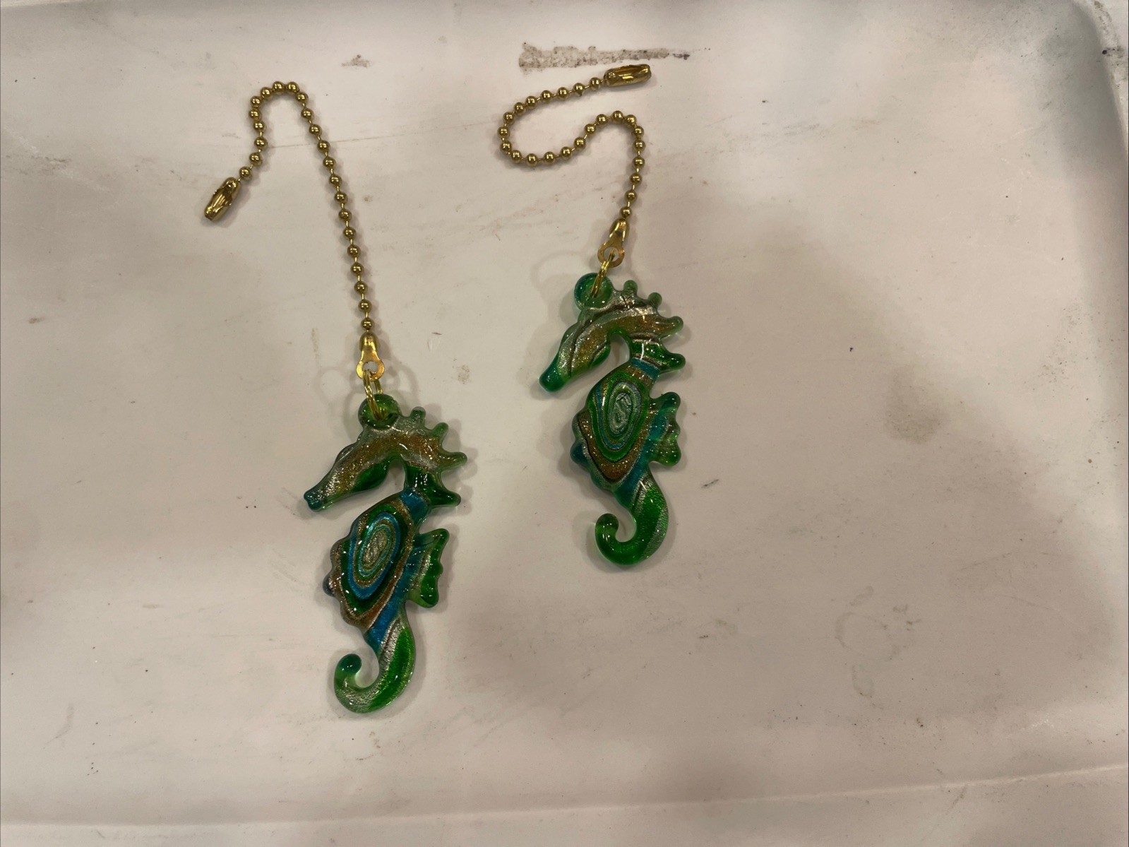 SEAHORSE COLORFUL BLUE/GREEN FLOWER BURST MURANO GLASS CEILING FAN PULL PAIR