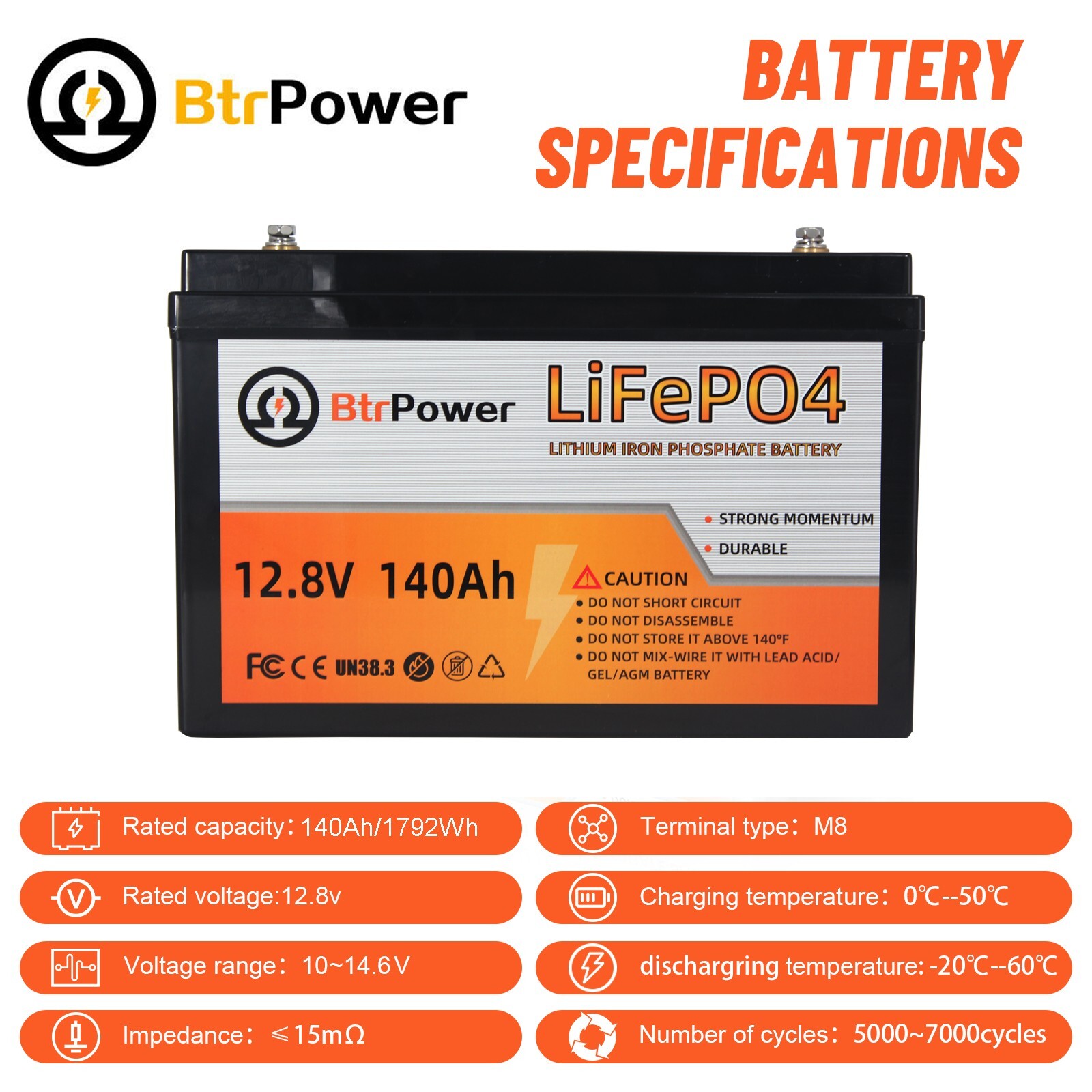 12V 140Ah LiFePO4 Lithium Iron Phosphate Battery for Deep Cycle RV Solar System