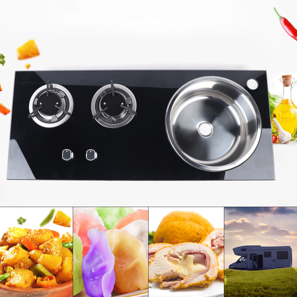 PortableBoat Caravan RV Camper 2 Burners LPG Gas Stove Hob and Sink Combo Black