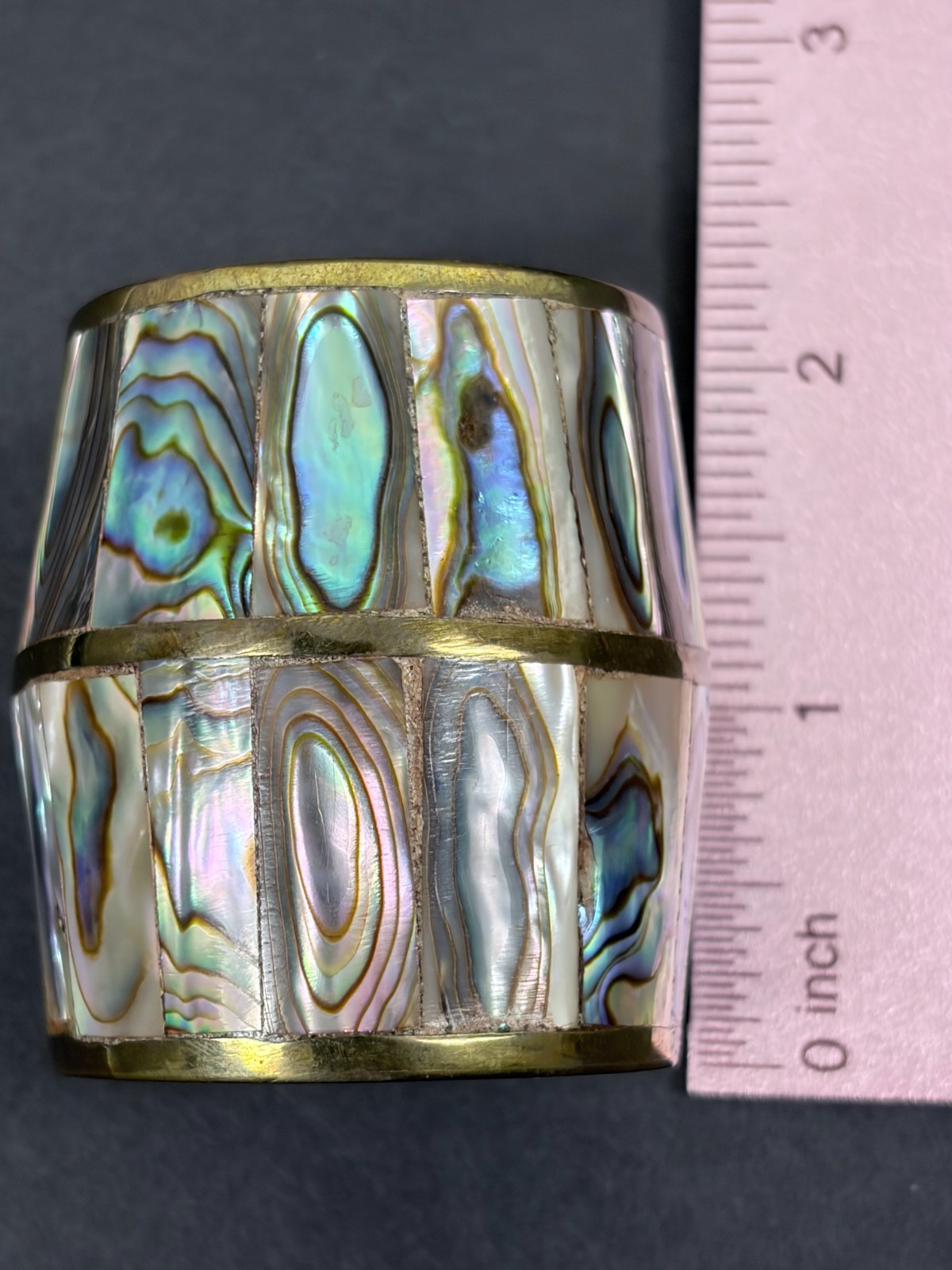 Vintage Brass and Abalone Barrel Shaped Shell Shot Glass Made in Mexico