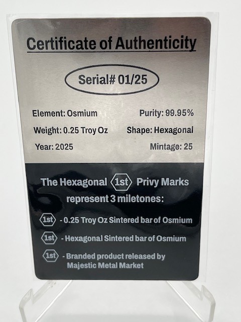 2025 Hexagonal 0.25 Troy Oz bar of Osmium, Mintage of 25!