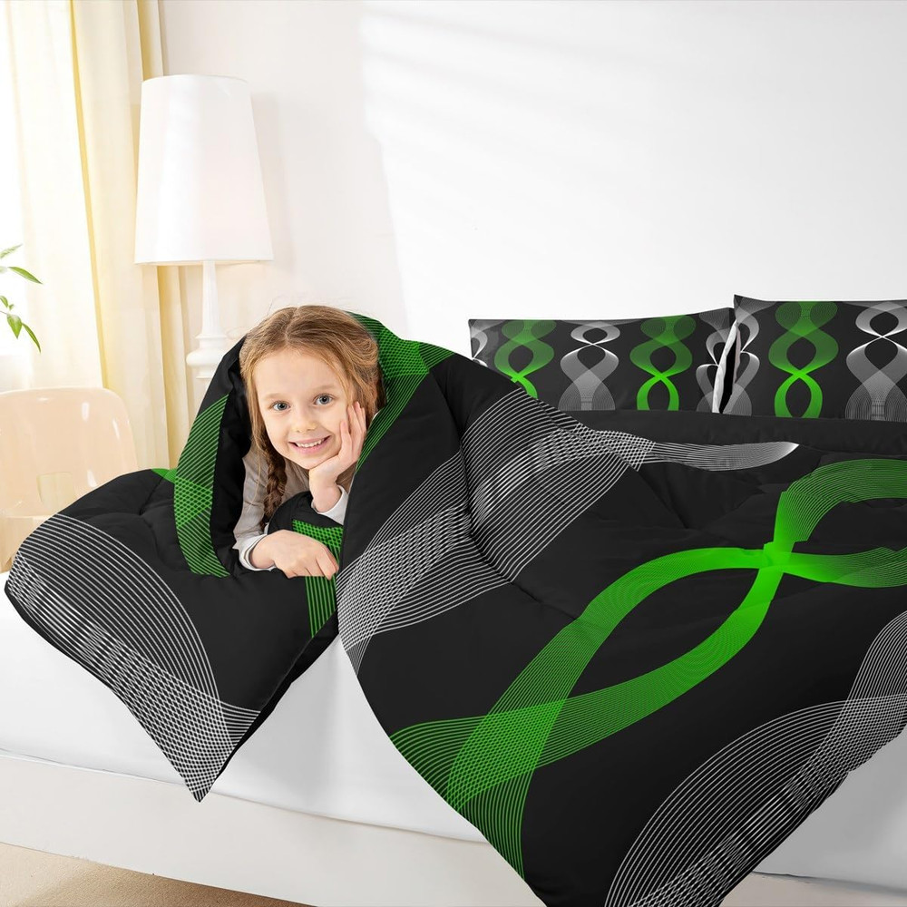 Green & Black Abstract King Comforter Set - Modern Boho Bedding