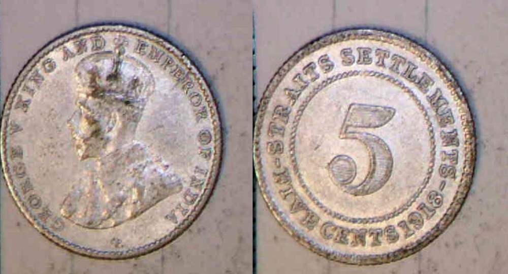 1918 Straits Settlements Silver 5 Cent-scarce,very nice