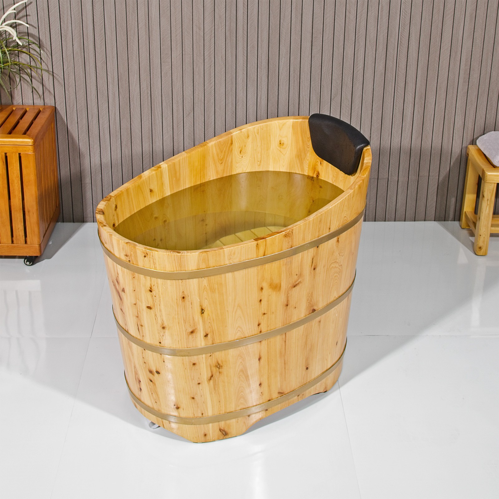 JRYTIN 34” Japanese Soaking Tub, Mobile Freestanding Wood Bath for Small Spaces