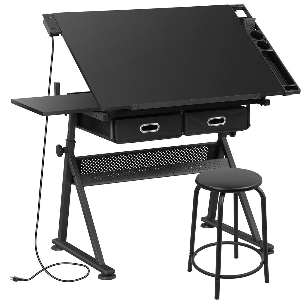 Adjustable Drafting Drawing Table Tabletop Tiltable w/ Stool & Outlet Black