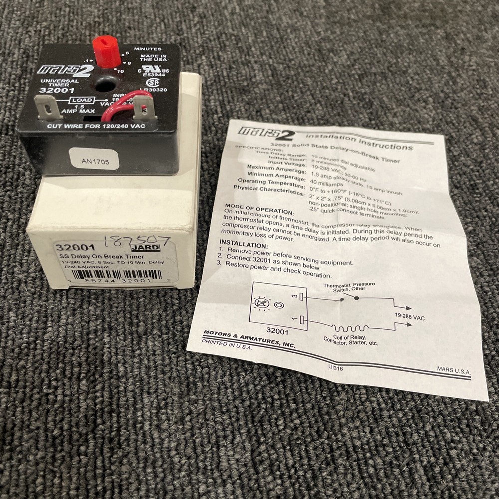 JARD 32001 SOLID STATE DELAY-ON-BREAK TIMER 19 - 240VAC 6SEC - 10 MIN.DELAY