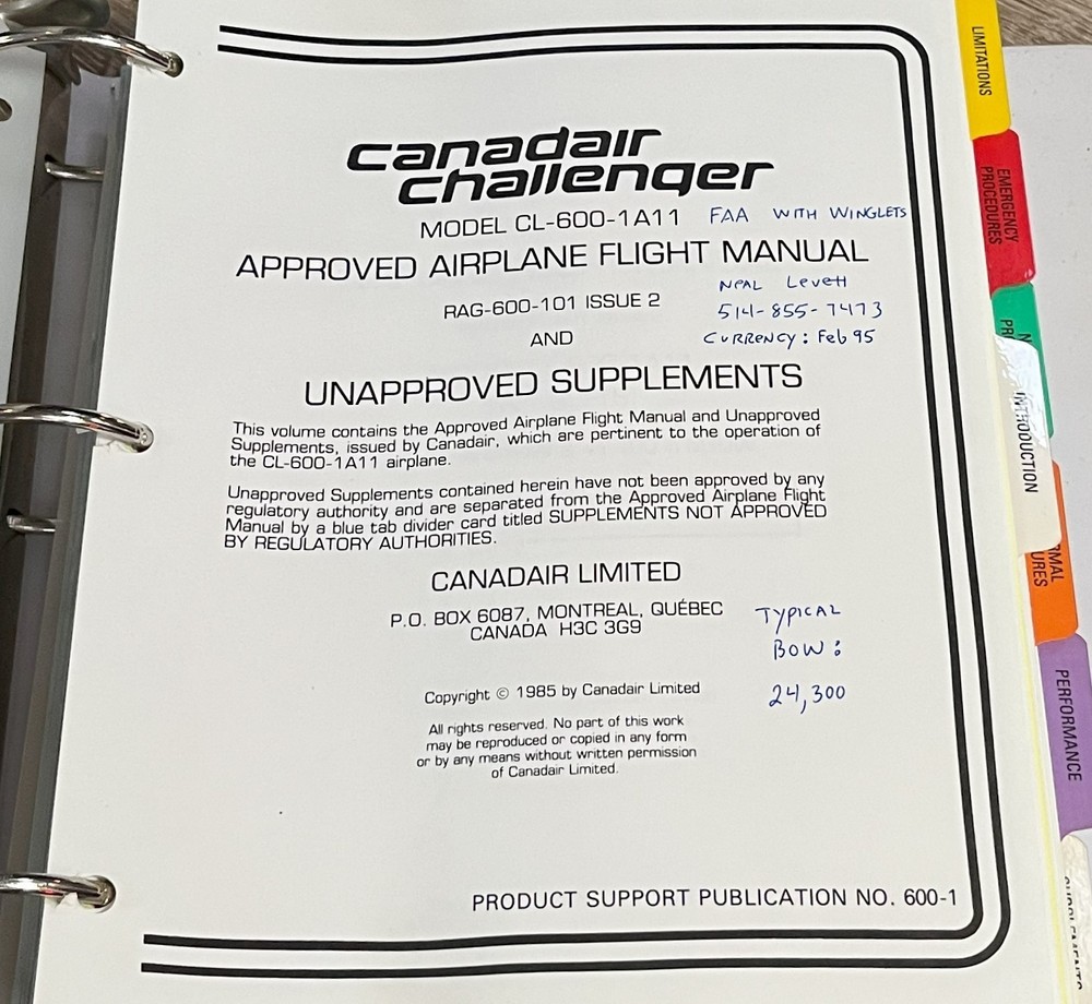 Canadair Challenger Flight & Operating Manuals + Quick Reference PSP600-1 Plane