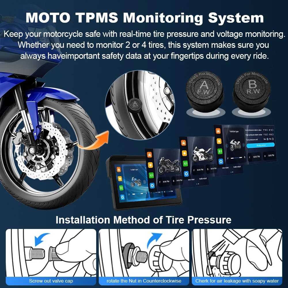 7 " Motorcycle Wireless Carplay Android Auto Screen Dual Bluetooth GPS Nav TPMS