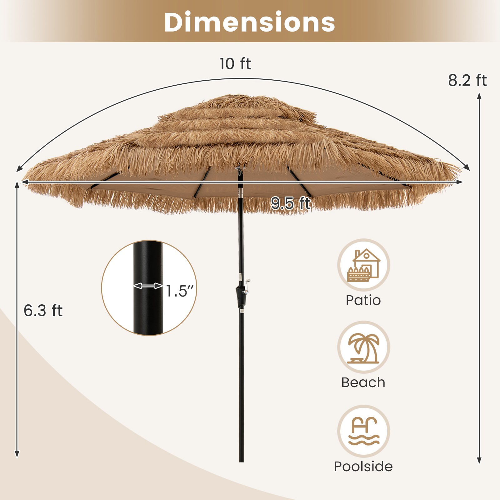 10 ft Solar Lighted Thatched Tiki Patio Umbrella Beach 2 Tier Hawaiian