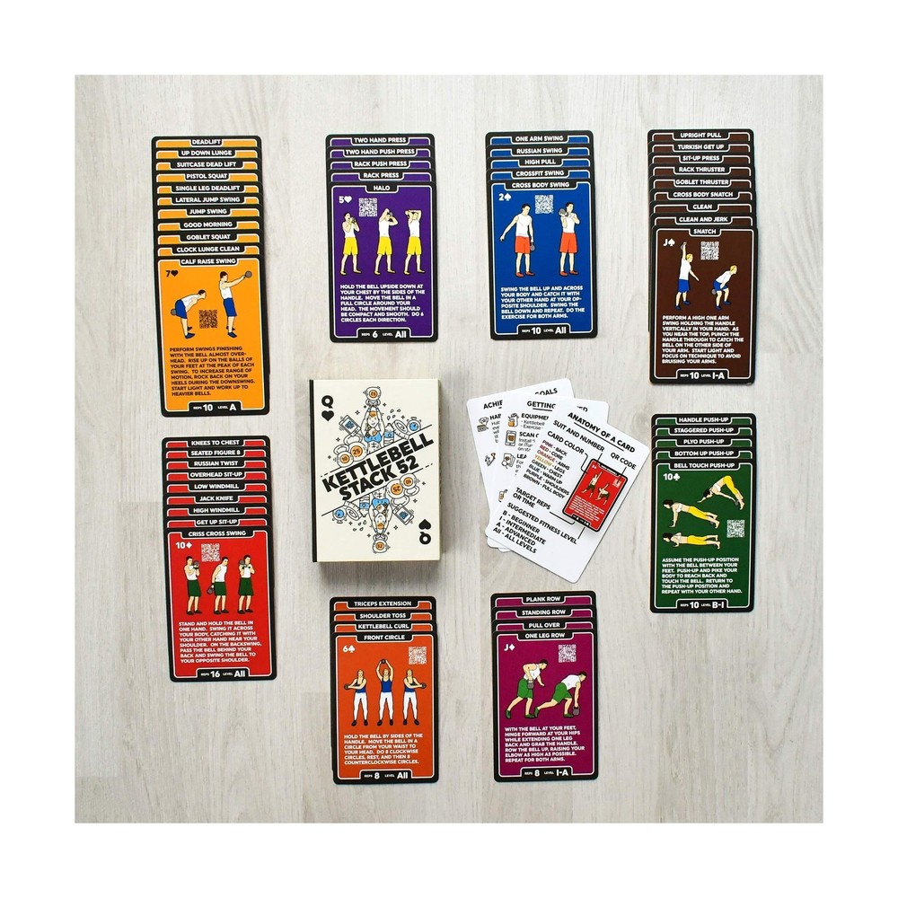 Stack 52 Kettlebell Exercise Cards. Workout Playing Card Game. Video Instruct...