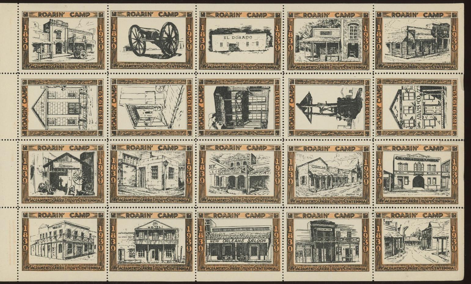 1939 The Sacramento Golden Empire Centennial Roarin Camp Poster Stamp Block 20