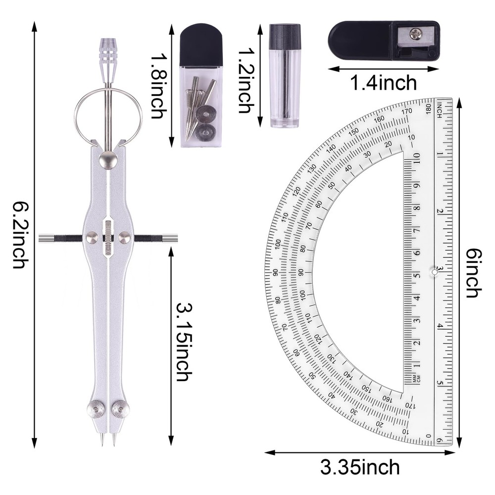 Compass and Protractor Set, Professional Drawing Compass Tool, Metal Compass ...