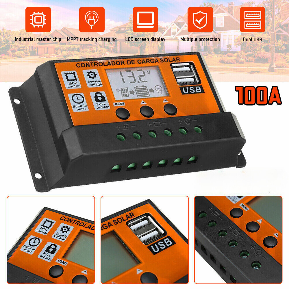 100A MPPT Solar Power Panel Regulator Charge LCD Controller 12/24V Dual USB US