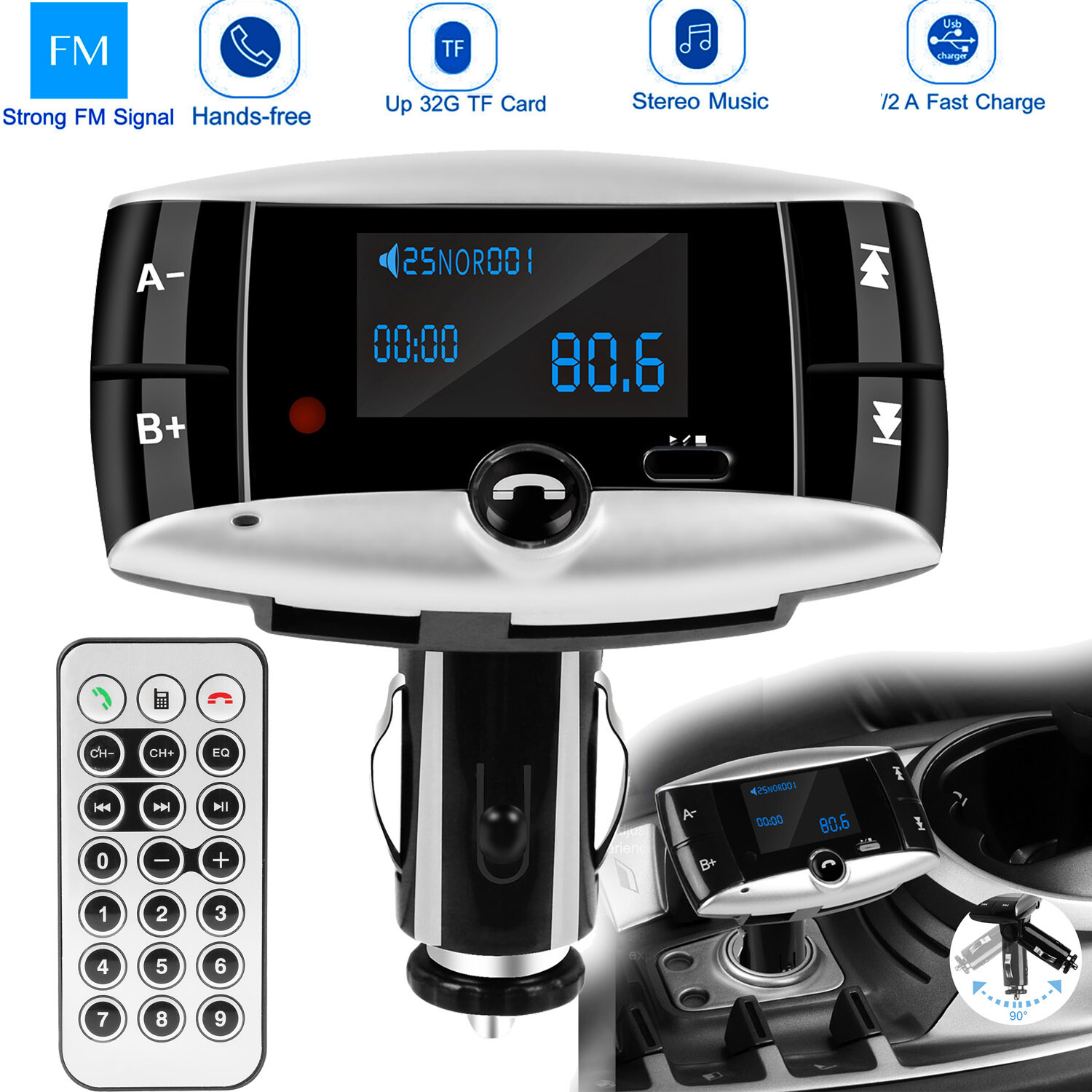 1.5" Car Wireless 5.0 FM Transmitter MP3 Player Aux Kit Hands-free with Remote