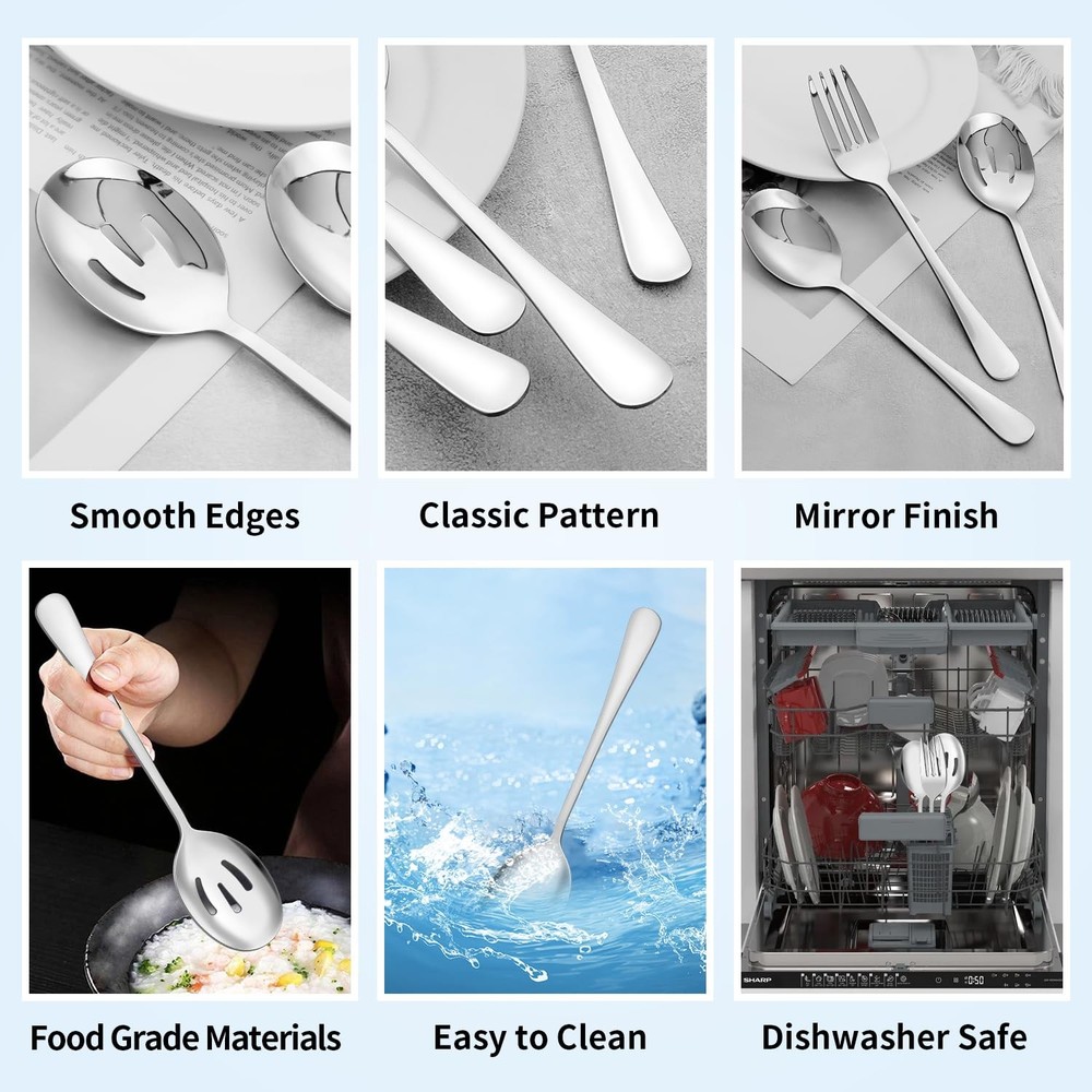 6PCS Serving Spoons and Forks set- Solid Spoon x 2 Slotted Spoon x 2 Solid Fo...