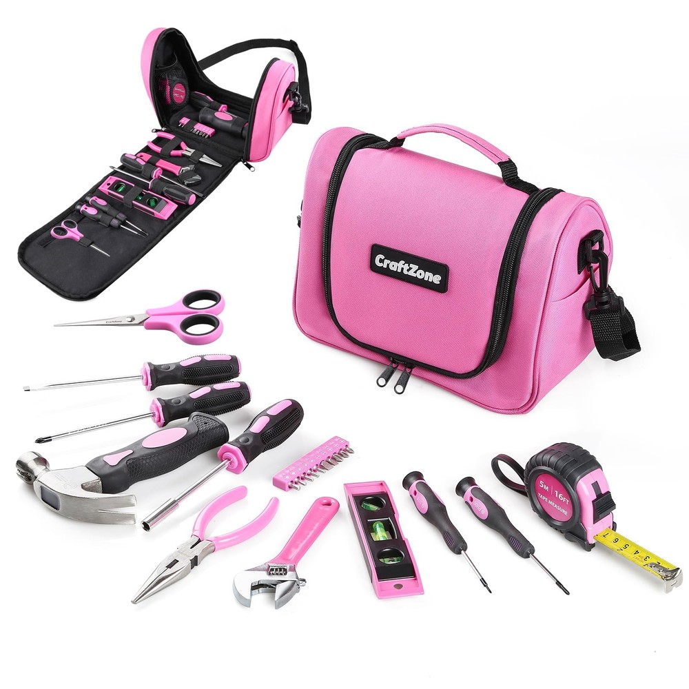 Pink Tool Set,Tool Bag for Women with Shoulder Strap,Basic