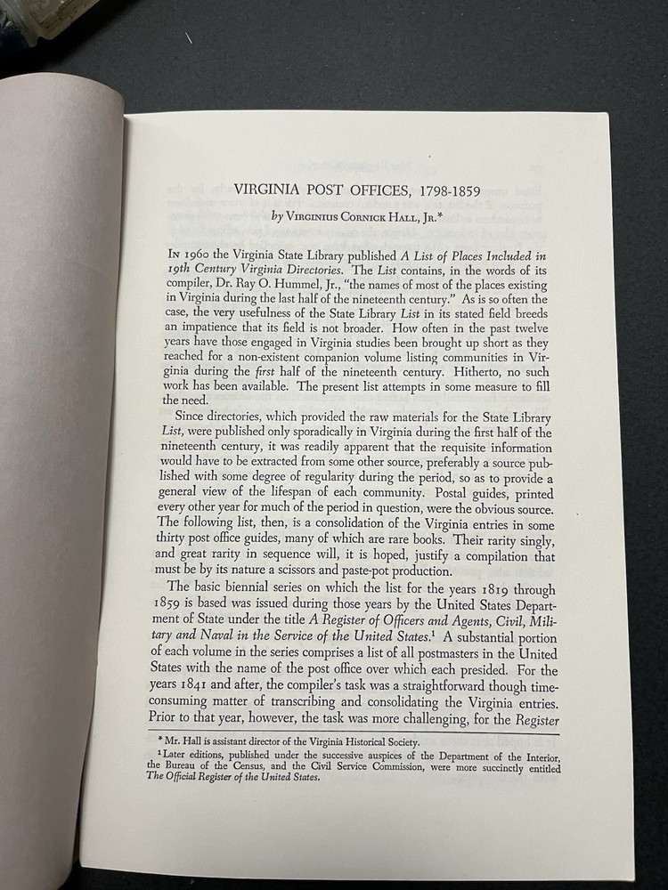 Virginia Post Offices by Virginius Cornick Hall 1798 - 1859