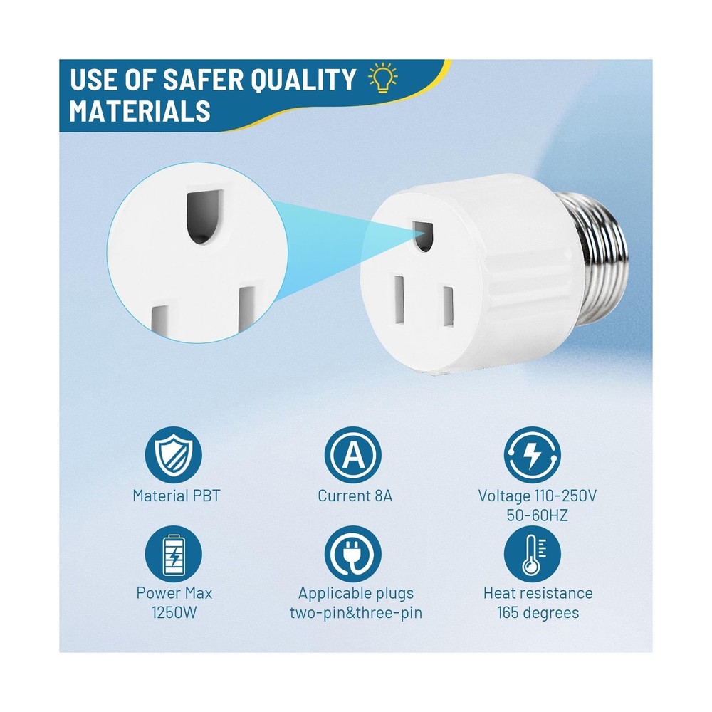3-Prong Light Socket to Plug Adapter,E26/E27 Light Socket Outlet,2/3 Prong Ou...