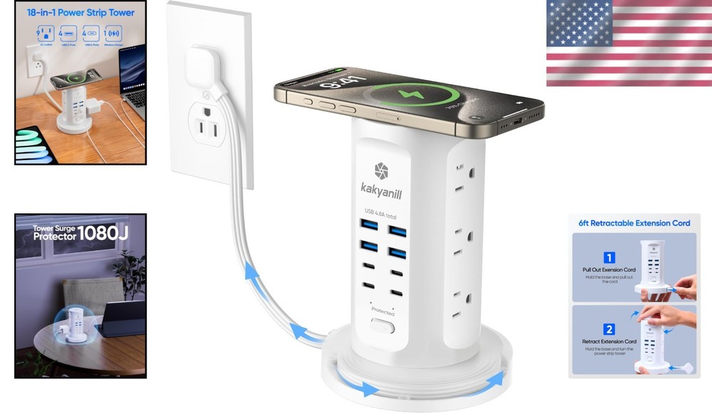 Vertical Power Strip Tower with USB - Surge Protector