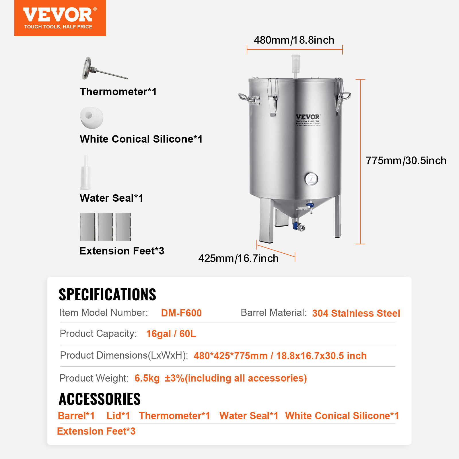 VEVOR 16 Gal Stainless Steel Home Brew Kettle Set Beer Brew Bucket Fermentor