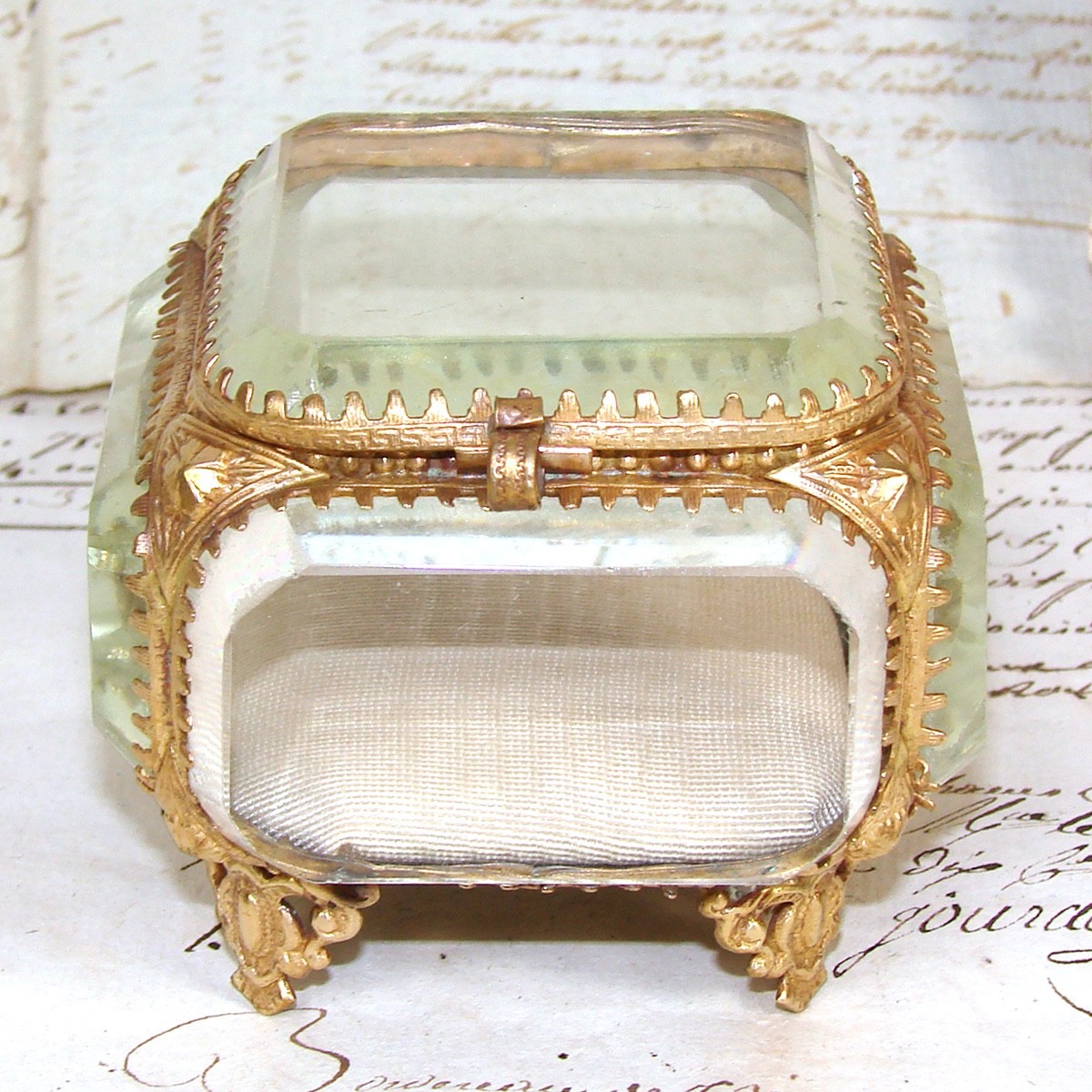 Antique Napoleon III Jewelry Casket, Miniature Vitrine Box, Thick Beveled Glass