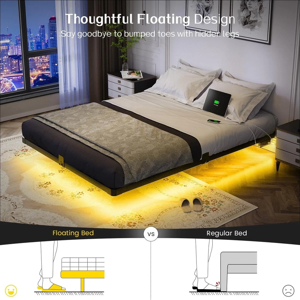 **OLEVS Full Floating Bed Frame w/ LED Lights & Charging Station – No Box Spring
