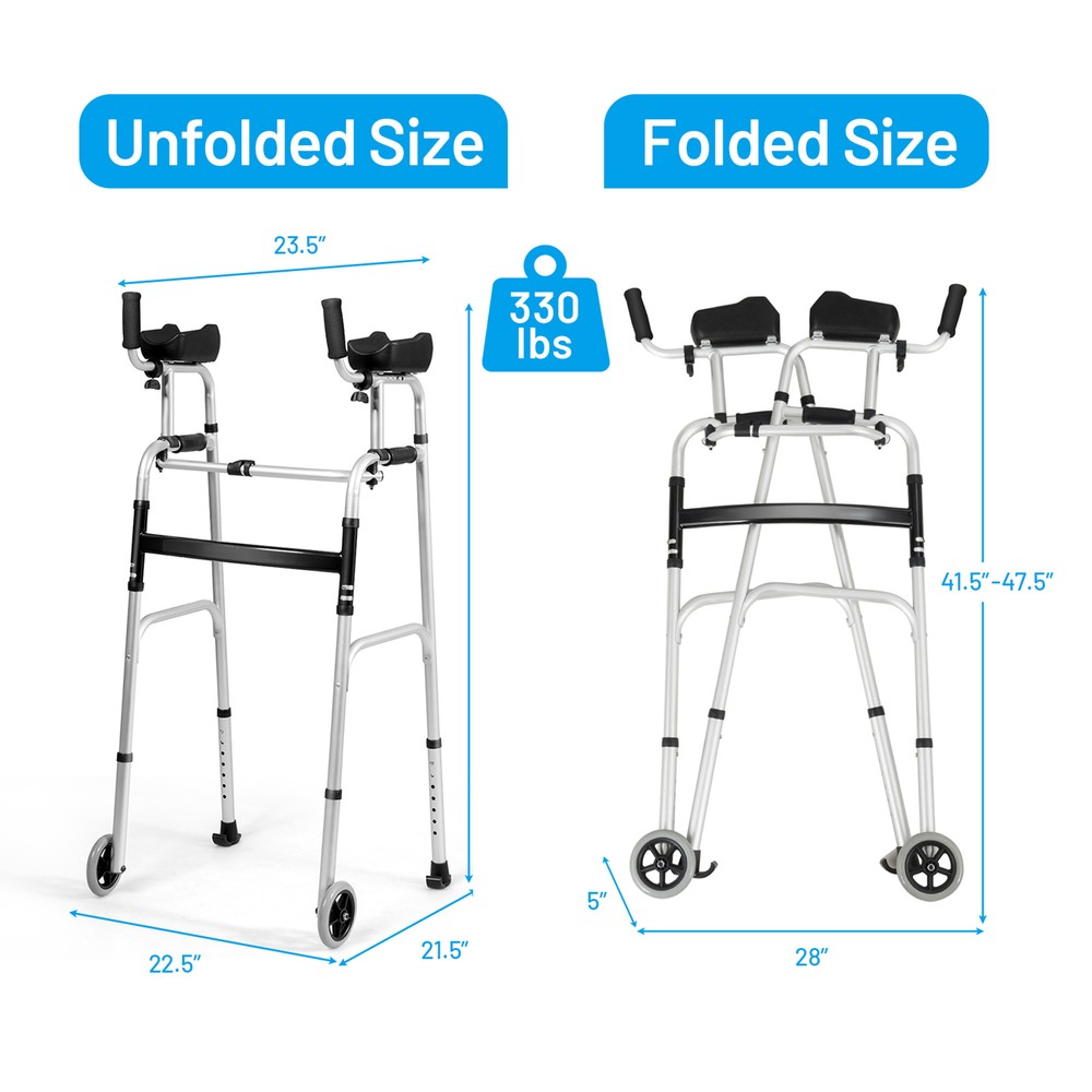 Folding Walker Adjustable Walking Frame Aluminum Walking Aid w/ Wheels Silver