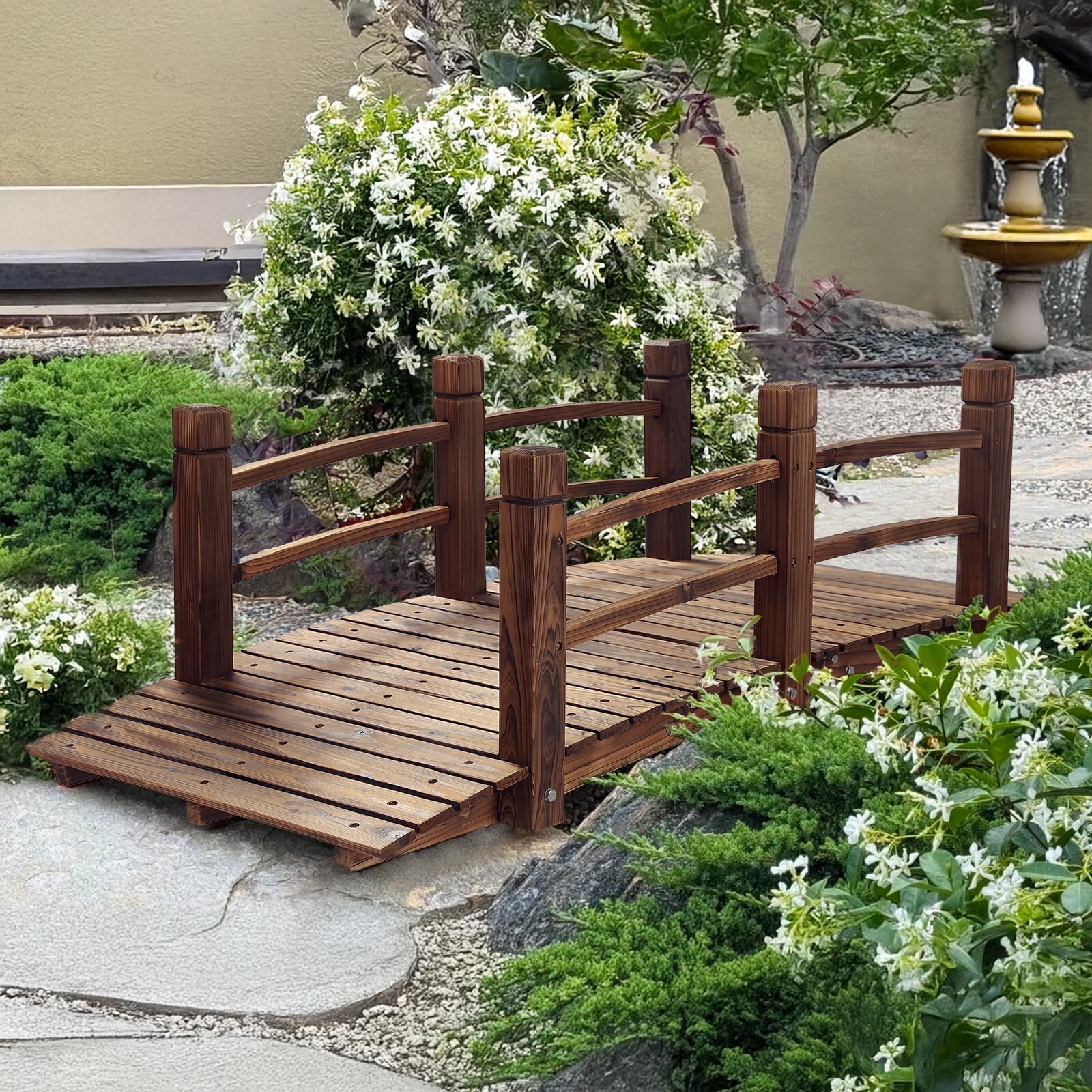 5FT Wooden Garden Bridge Decorative Pond Landscaping Bridge with Double Railings