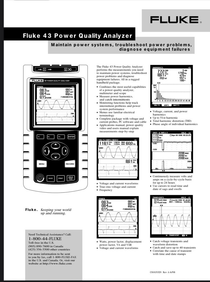 Fluke 43 Power Quality Analyzer Maintain power systems, troubleshoot problems